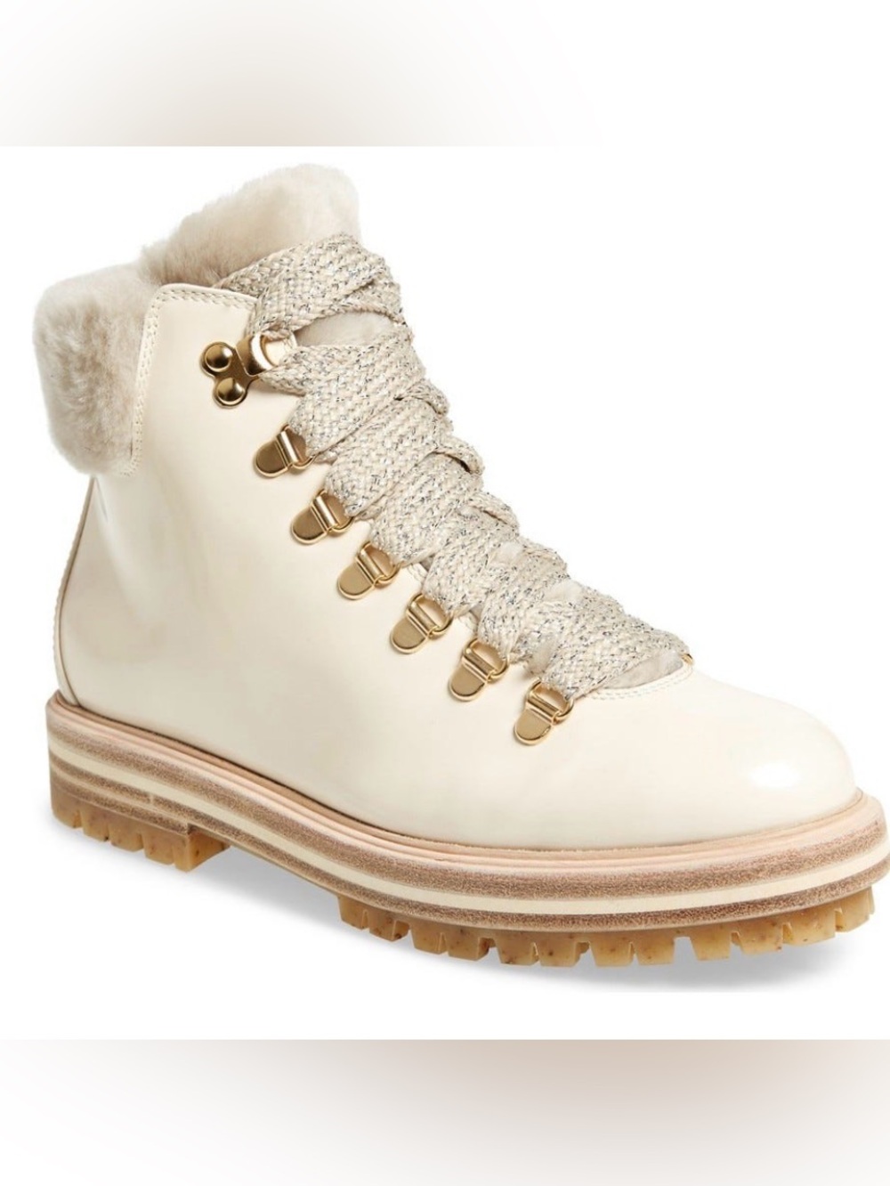 AGL Genuine Shearling Cuff Hiker Boot Cream Patent Leather Ankle Boots 38.5 8